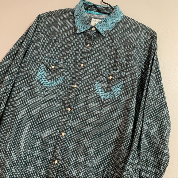 Men’s Embroidered Panhandle Rough Stock Teal Pearl Snap Long Sleeve Collar Shirt - Picture 2 of 6